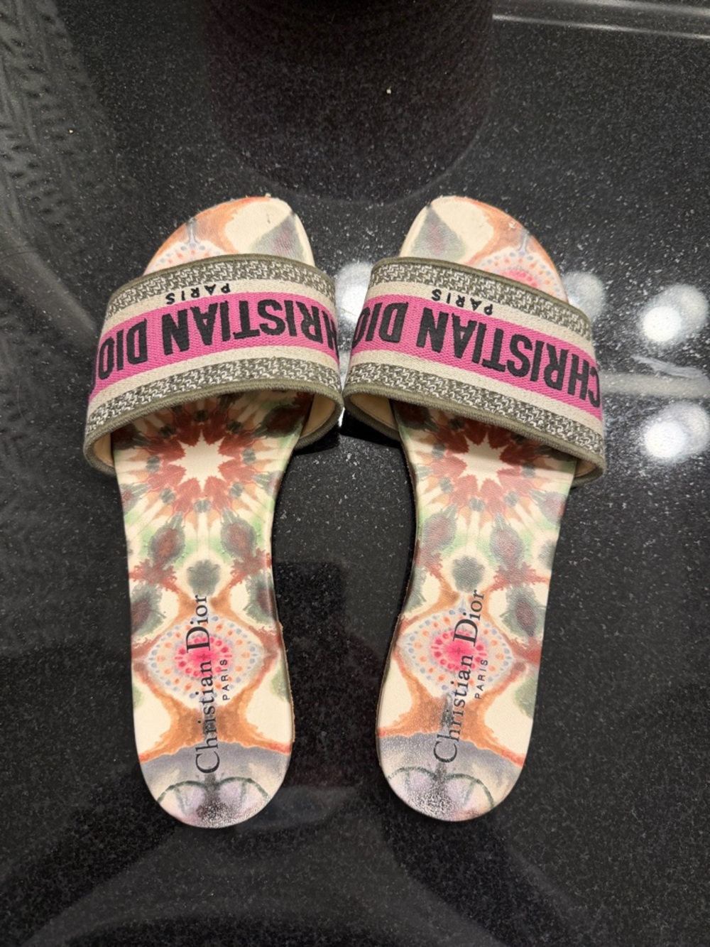 Dior Multicolor Printed Footbed Pink Logo Strap Slide Sandals